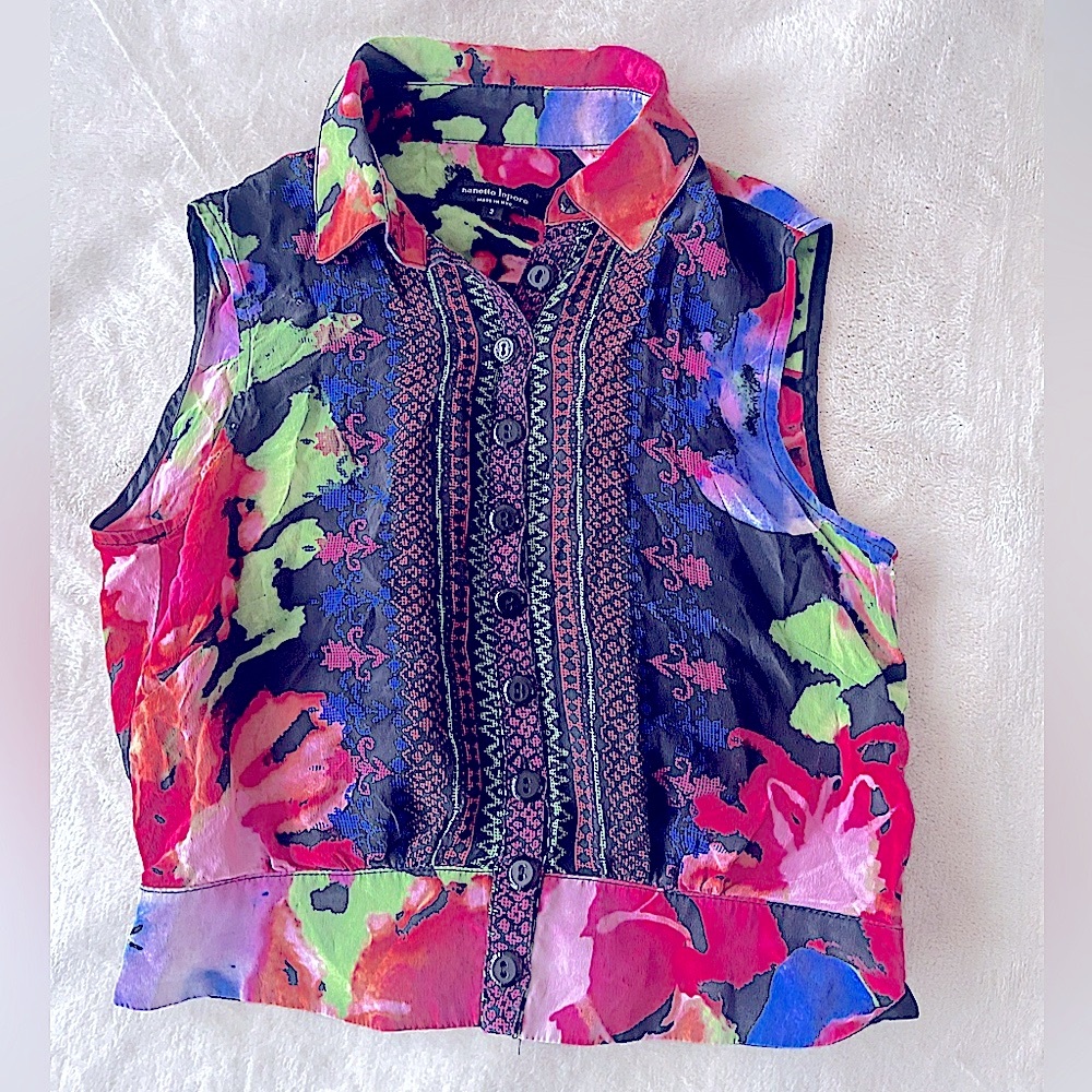 Nanette Lepore silk button down bohemian peasant loose crop top colorful